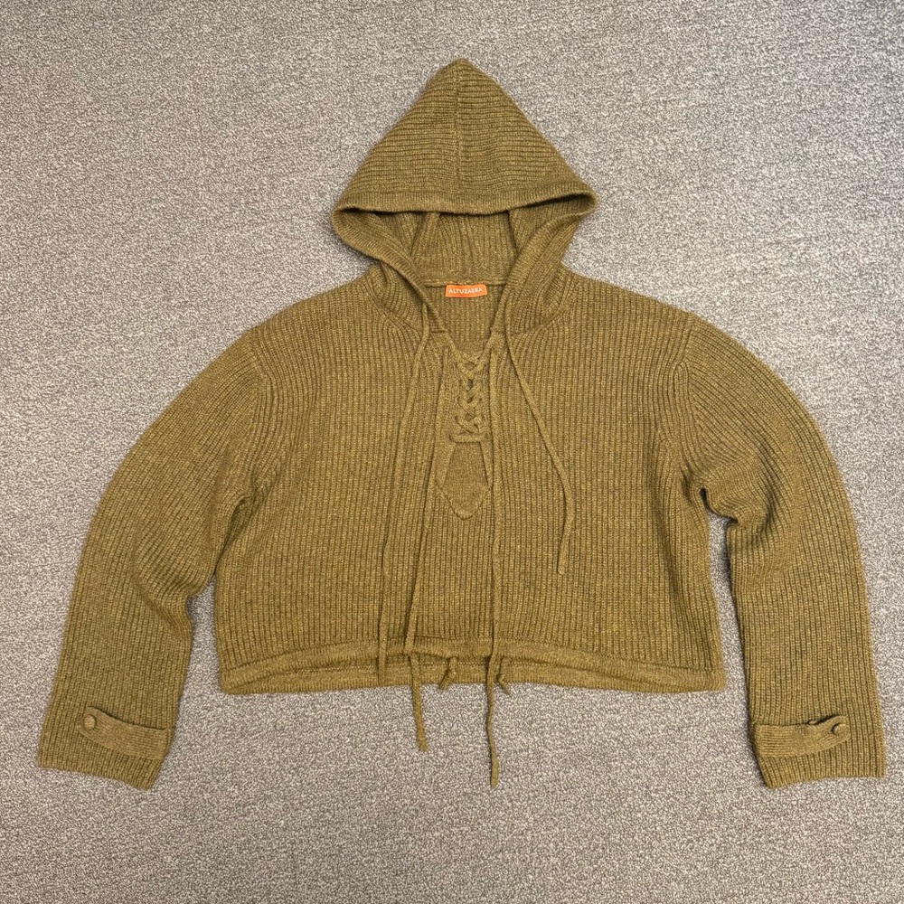 Altuzarra Sekai Lace-Up Ribbed Merino Wool-Blend Hoodie in Army Green